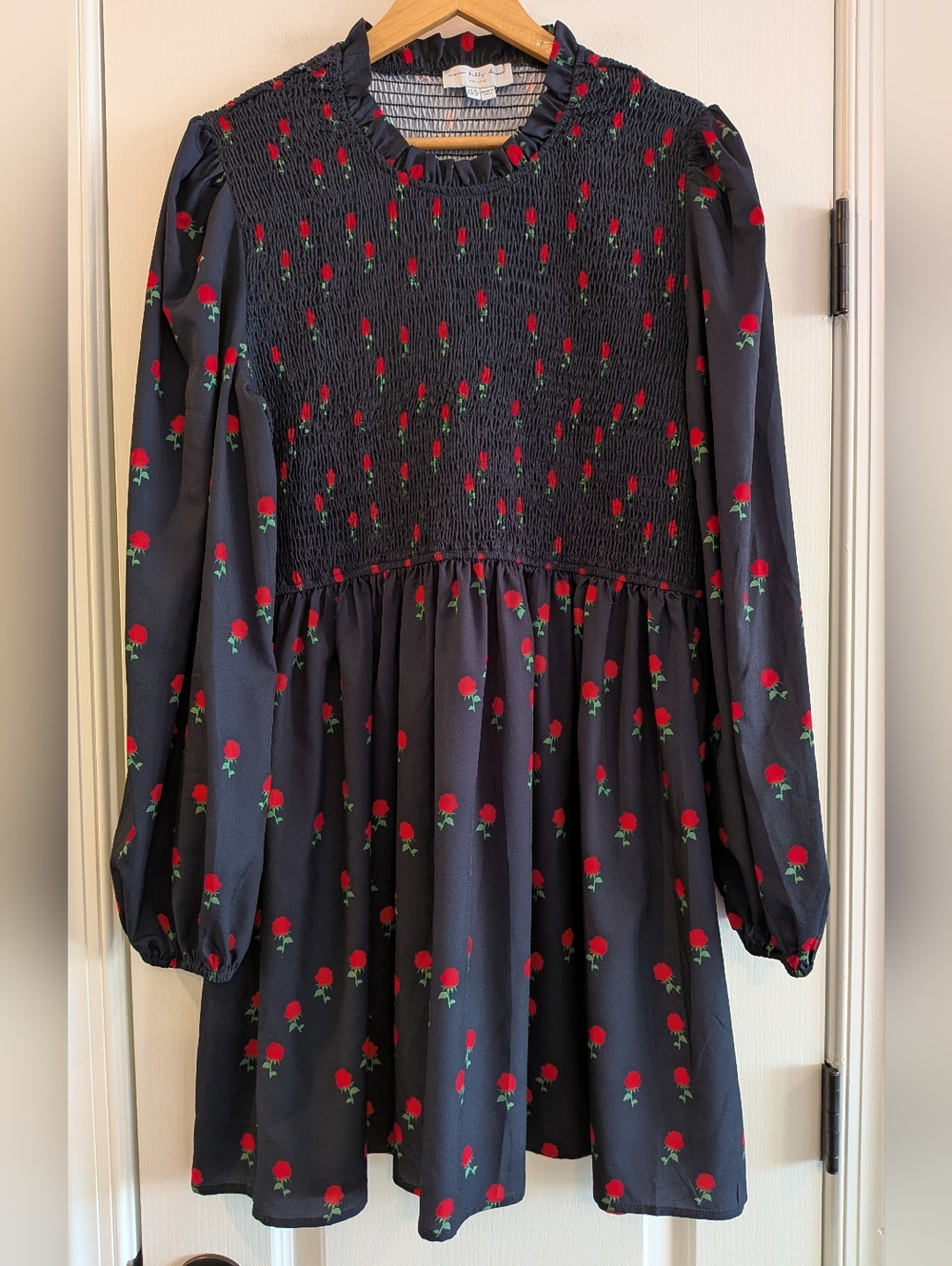 Never Fully Dressed Black Rose Mini Dress Smocked Puff Sleeve Women's Size 16